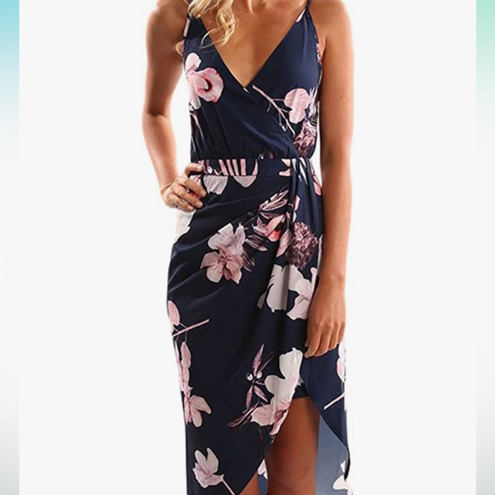 Dearlove Women Sexy Wrap Deep V-Neck Backless
Spaghetti Strap Dress Floral